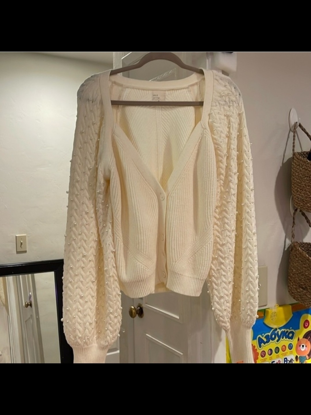 Vici XL Pearl Sleeve Cream Knit V-Neck Button Cardigan Sweater